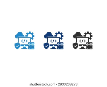 Set of three icons representing cloud computing security, data protection, and server infrastructure.