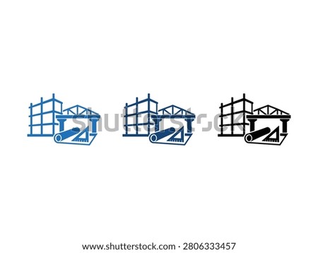 A set of three icons representing construction site elements including scaffolding blueprint and tools in different colors