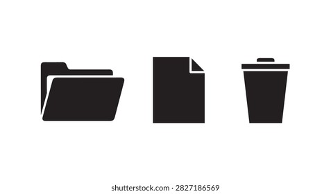Set of three icons representing folders, documents, and a coffee cup, symbolizing digital organization, work environment, and casual office culture.