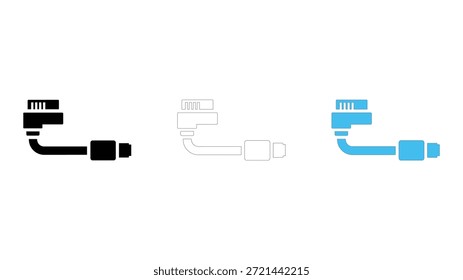 Um conjunto de três ícones representando um adaptador de cabo gimbal usado para conectar câmeras ou acessórios. Inclui versões em preto sólido, contorno fino e azul sólido, todas isoladas em um plano de fundo branco puro