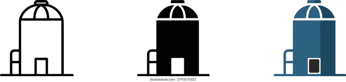 A set of three icons representing industrial silos or storage tanks. Includes an outline version, a solid black version, and a colored version in blue.