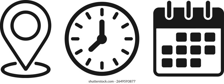 Conjunto de três ícones que representam a silhueta de eventos de hora e calendário
