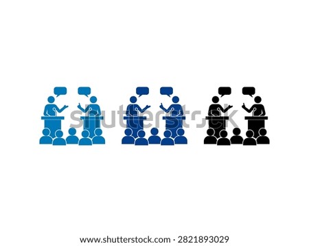 A set of three icons representing a public debate or conference with two speakers at lecterns and an audience in blue and black colors