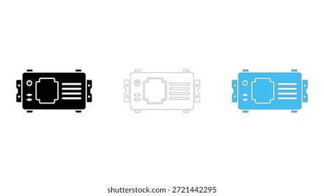 Video Un conjunto de tres iconos que representan un conector VGA (Gráficos de matriz) en diferentes estilos: negro sólido, contorno blanco y azul sólido. Estos iconos son ideales para ilustrar el hardware de la computadora, disp