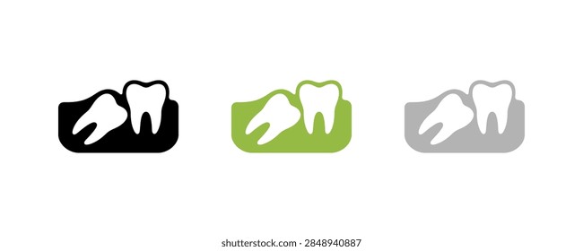 A set of three icons representing wisdom teeth, one black and white, one green, and one gray.