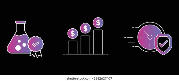 A set of three icons that represent the high quality and testing standards of a product, the multiple tiers of savings available to customers, and the fast and secure checkout process.