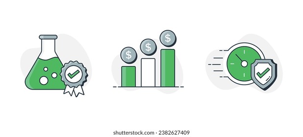 Eine Reihe von drei Symbolen, die die hohen Qualitäts- und Teststandards eines Produktes, die vielfältigen Einsparungen für Kunden und den schnellen und sicheren Checkout-Prozess darstellen.