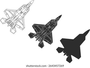Conjunto de três ícones da vista superior turca do avião de combate TAI Kaan, ícones da linha TAI Kaan, isolamento e silhueta em cores pretas.