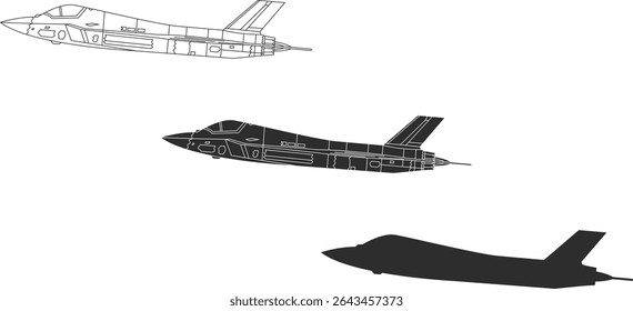 Conjunto de três ícones da vista lateral do avião de combate turco TAI Kaan, ícone da linha TAI Kaan, isolamento e silhueta em cores pretas.