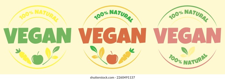 A set of three icons for vegetarians in different colors. Images of apples, carrots and vegetation for a healthy lifestyle. Vector illustration