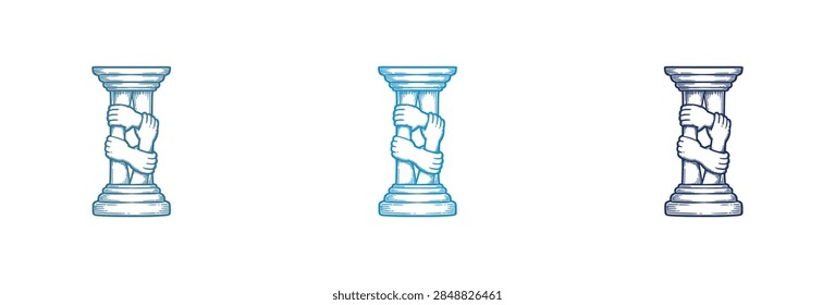 A set of three identical classical style architectural columns featuring a unique stone texture and decorative design elements isolated on a plain background