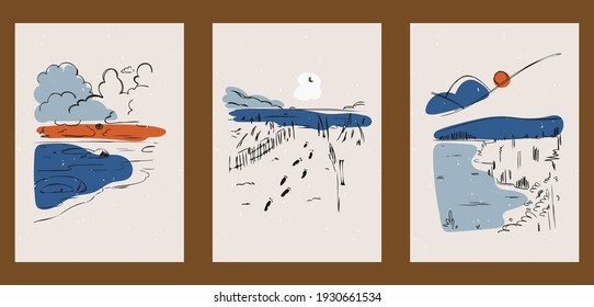 A set of three identical panoramic posters. Backgrounds for interior design, social media, marketing, advertising, covers. Vintage illustrations in boho style with sea, waves, mountains, thin lines.