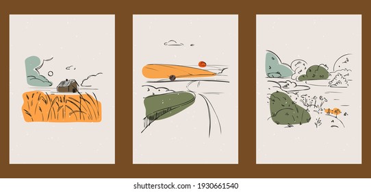 A set of three identical panoramic posters. Backgrounds for interior design, social media, marketing, advertising, covers. Vintage illustrations in boho style with field, wheat, small house, thin line