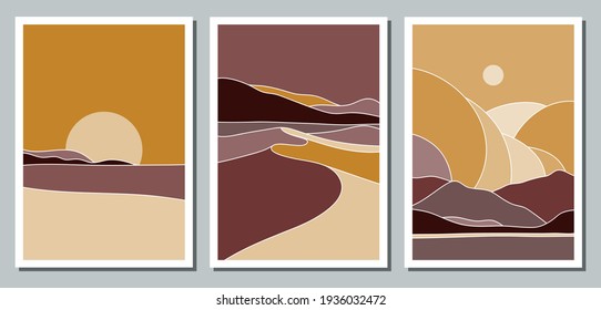 Un conjunto de tres afiches panorámicos idénticos. Antecedentes de diseño interior, medios sociales, marketing, publicidad, portadas. Ilustraciones antiguas en estilo boho con mar, montañas, dunas, desierto.