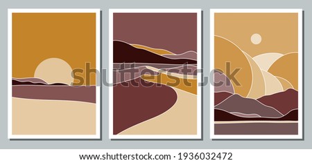 A set of three identical panoramic posters. Backgrounds for interior design, social media, marketing, advertising, covers. Vintage illustrations in boho style with sea, mountains, dunes, desert.