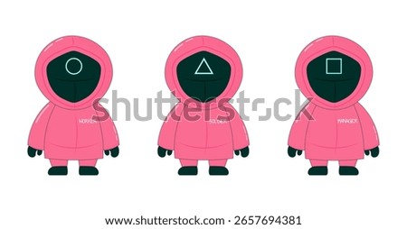 Set of three illustrated characters in pink hooded outfits with circle, triangle, and square symbols on their black masks labeled Worker, Soldier, and Manager. Vector art
