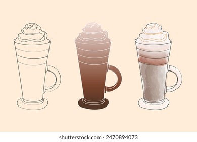 A set of three illustrated coffee drinks with whipped cream on top. The drinks are in different stages of completion, one a simple outline, one with color, and one with watercolor-like shading