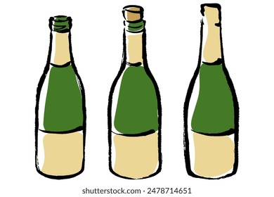 Conjunto de tres botellas verdes ilustradas de champán