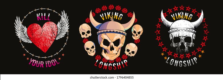 Set of three illustrated skulls. Vector drawings of heads for t-shirts or posters.