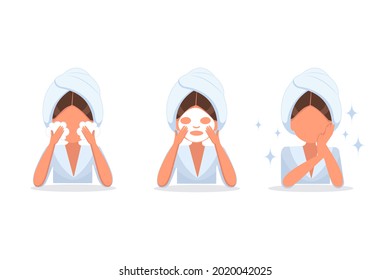 Set of three Illustration set with girl using Face sheet mask, skin care, beauty routine. Vector illustration in flat style
