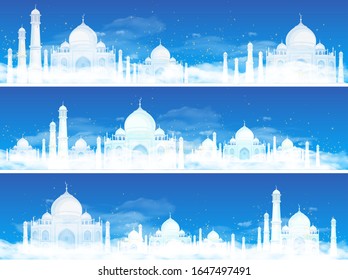 Set von drei Illustrationen zum Thema Ramadan. Moscheen auf blauem Himmel mit Sternen und transparenten Wolken. 3D-Vektorillustration. Hohe detaillierte realistische Illustration.