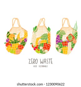 set of three illustration of simple eco bags with different fruit and vegetable with zero waste text message. ecological problems illustration. eco friendly grocery bag