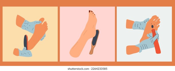 Set of three Illustration of woman having peeling feet for her feet in beauty salon