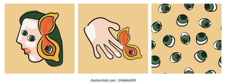  Set of three illustrations: an abstract face with a butterfly, a palm with a butterfly, and a seamless pattern with eyes. Design for paper, textile and decor.