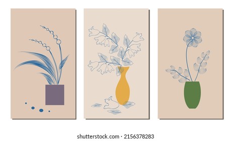 Set of three illustrations with abstract flowers in multi-colored vases for design postcards, covers, tiles