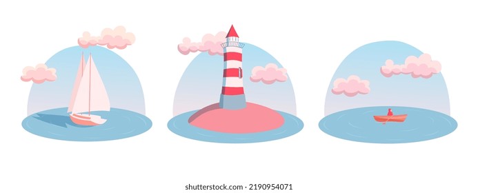 Set of three illustrations, boat, lighthouse, sea, ocean, island, clouds, sky, ship, loneliness, adventures, journey. For stickers, prints, printing, postcards, websites