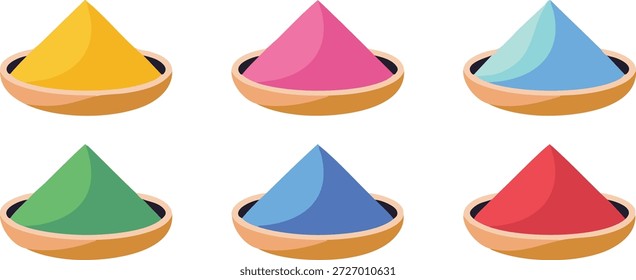 Conjunto de tres ilustraciones de pilas de polvo de colores para la celebración del festival holi, contorno, silueta y versiones a todo color	