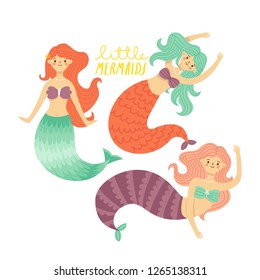 set of three illustrations of cute cartoon little mermaids girl in pastel colors. underwater illustration
