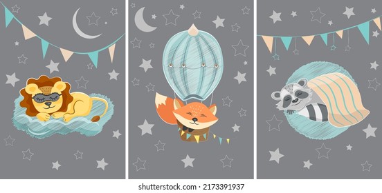 Un conjunto de tres ilustraciones con lindos animales durmientes. León, zorro y mapache en forma de caricatura para la decoración de guarderías u otros espacios infantiles.