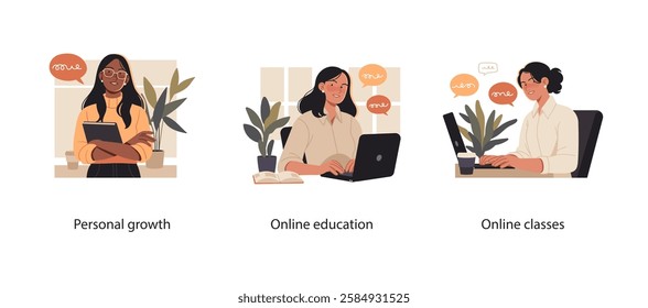 Set of three illustrations depicting personal growth, online education, and online classes. Features diverse individuals engaged in learning, self-improvement, and digital education.