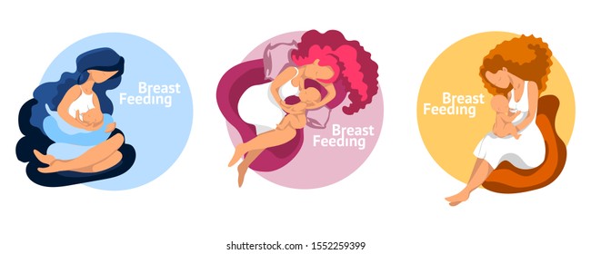 Conjunto de tres ilustraciones de diferentes poses para amamantar. La ilustración está hecha en estilo plano en una paleta de colores limitada
