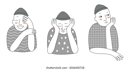 Set of three illustrations with three different emotions. The person is cheerful, sad and pensive. Black and white flat design. All illustrations are isolated.