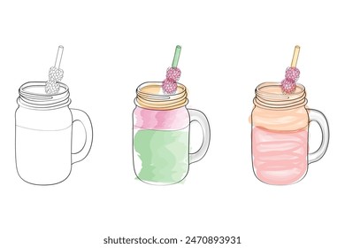 A set of three illustrations featuring hand-drawn mason jars filled with smoothies. One jar is outlined, while the other two feature colorful watercolor fills.