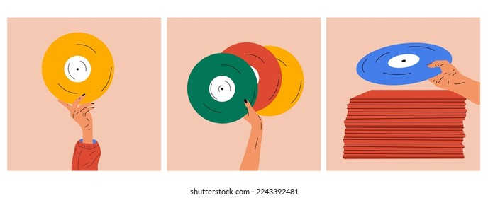 Set von drei Illustrationen Hand hält eine alte Schallplatte in ihren Händen .Retro Mode Stil aus den 80er Jahren. Vektorgrafiken in trendigen Farben.	