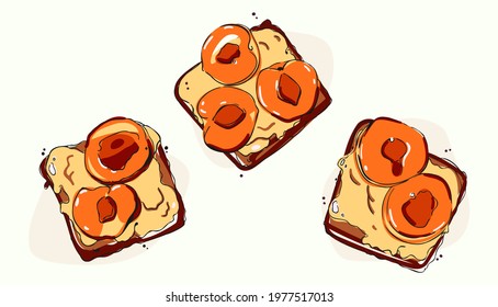 A set of three illustrations of hot breakfasts. Sandwiches for the morning. Delicious snacks. Images of delicious instant food. Peaches with cheese on bread. Fruit toast.