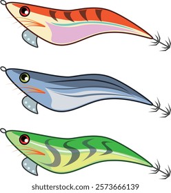 A set of three illustrations of lures used to catch squid.