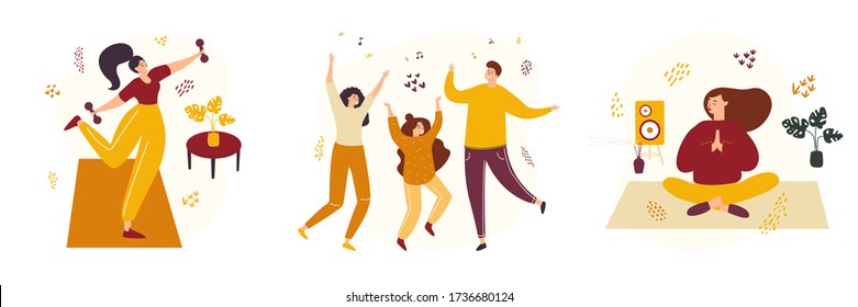 A set of three illustrations on the topic of home activity or quarantine activity on self-isolation. Home yoga dancing with the whole family home gymnastics. The concept of an active lifestyle