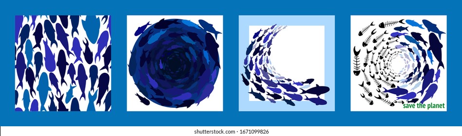 Set of three illustrations and one seamless pattern with a school of fish. different shades of blue