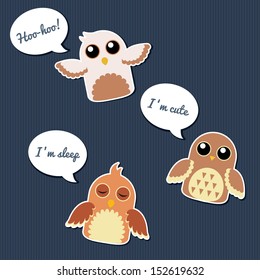 Set of three illustrations with owls in funny cartoon style