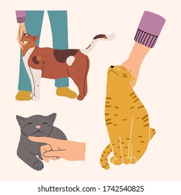 Set of three illustrations. A person stroking a yellow,ginger and gray cats.Love to the animals. Vector hand drawn illustration. 