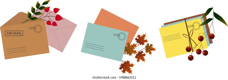 Satz von drei Illustrationen von Briefumschlägen mit Herbstblättern. Vektorgrafik. Für die Gestaltung von Karten, Einladungen, Flyern und Drucken, Cover und Illustrationen.