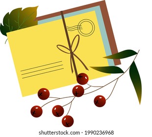 Set of three illustrations of postage envelopes with autumn leaves. Vector illustration. For the design of cards, invitations, flyers and prints, covers and illustrations.