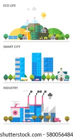 A set of three illustrations - production, modern city life in the countryside.