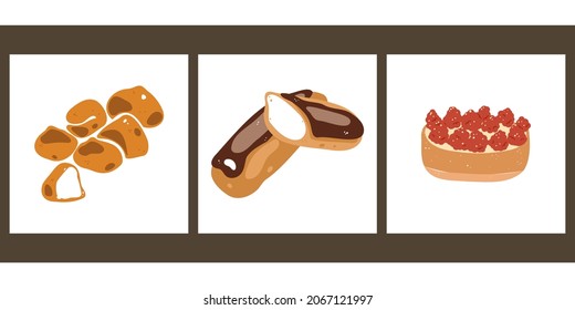 A set of three illustrations for restaurant menus, delivery, website design, applications. Hand drawn vintage background with desserts, pastries. Delicious sweets. Stylish minimalist food poster.