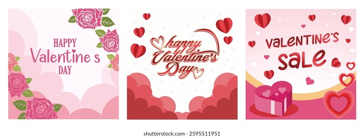 A set of three illustrations showcasing Valentine's Day themed artistic designs featuring roses, hearts, clouds, and text celebrating romance, suitable for greeting cards, holiday marketing.