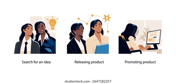 Set of three illustrations showing the business process from idea generation to product release and digital promotion in a modern office.
